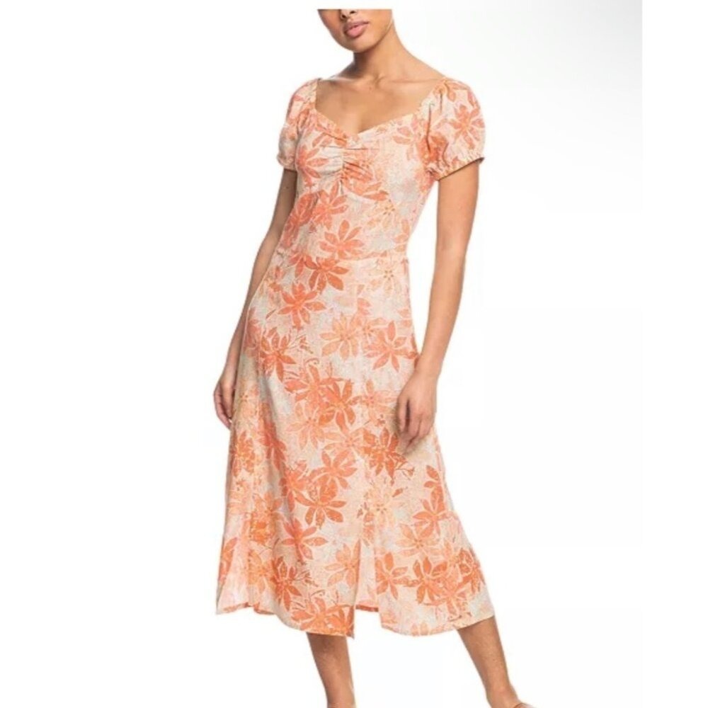 Roxy Boho Smocked Puff Sleeve Floral Dress XS Tropical Beach‎ Resort Coastal